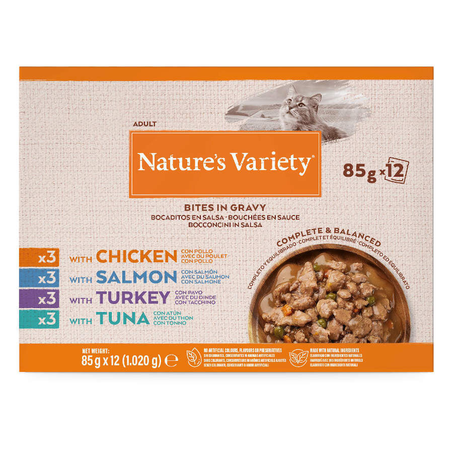 12 sobres x 85 g Nature's Variety Bocaditos de Pavo, At&uacute;n, Pollo y Salm&oacute;n Sobre en Salsa para gatos, , large Imagen numero 2